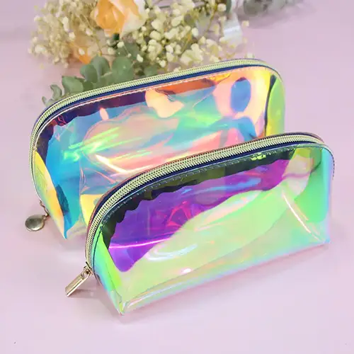 Bearky Luxury Elegant PVC Custom Clear Zipper Holographic Waterproof Large Travel Cosmetic Pouch Makeup Bag